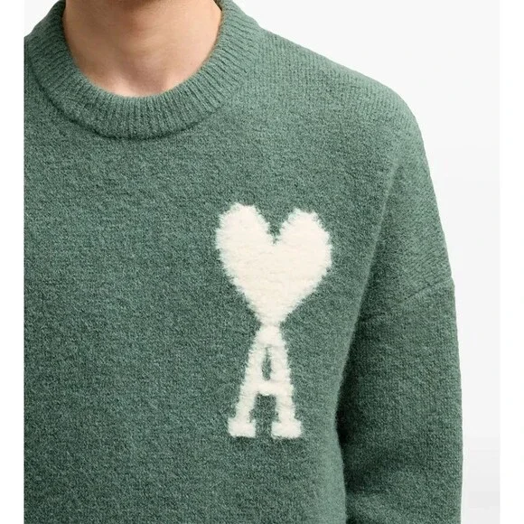 AMI PARIS Sweater Mens XXL Green Boxy Heart Logo Wool Alpaca De Coeur $685 - Picture 2 of 11